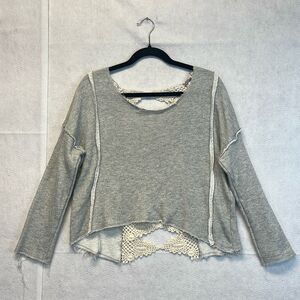FREE PEOPLE Sweatshirt Women's Large Gray Cream Victorian Lace Crochet Open Back